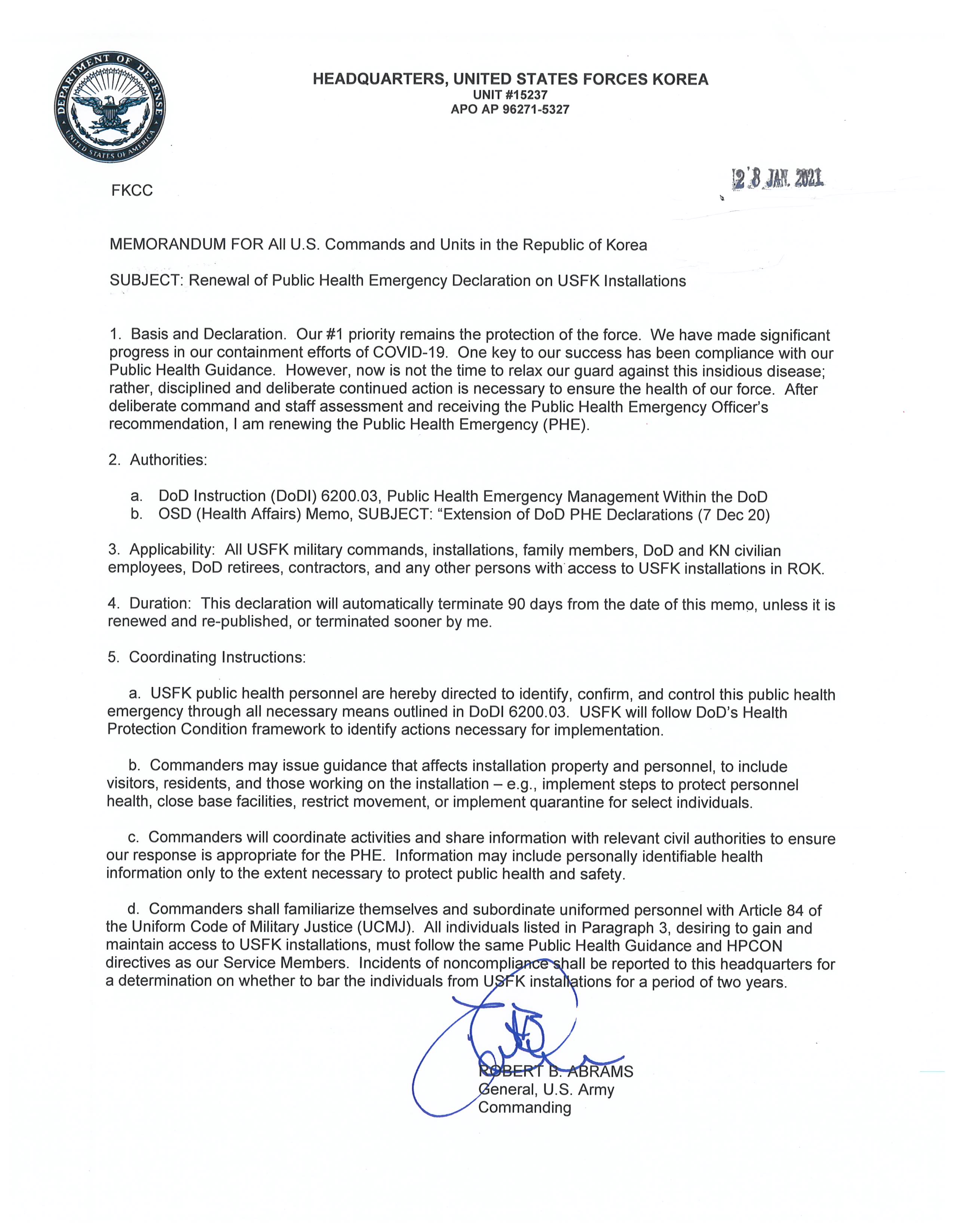 USFK PHE Renewal - January 28, 2021 USFK PHE Renewal - January 28, 2021